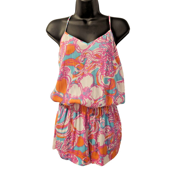 Lilly Pulitzer Deanna Romper Shorely Blue Feeling Tanked Print Tank Short XS NWT - Picture 1 of 6